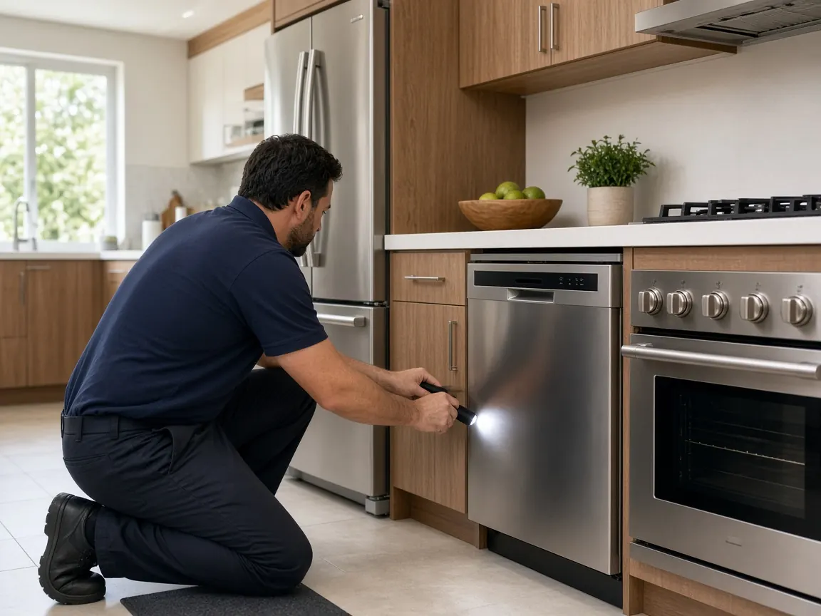 Technician checking a dishwasher in a Central Florida kitchen with a refrigerator and range nearby