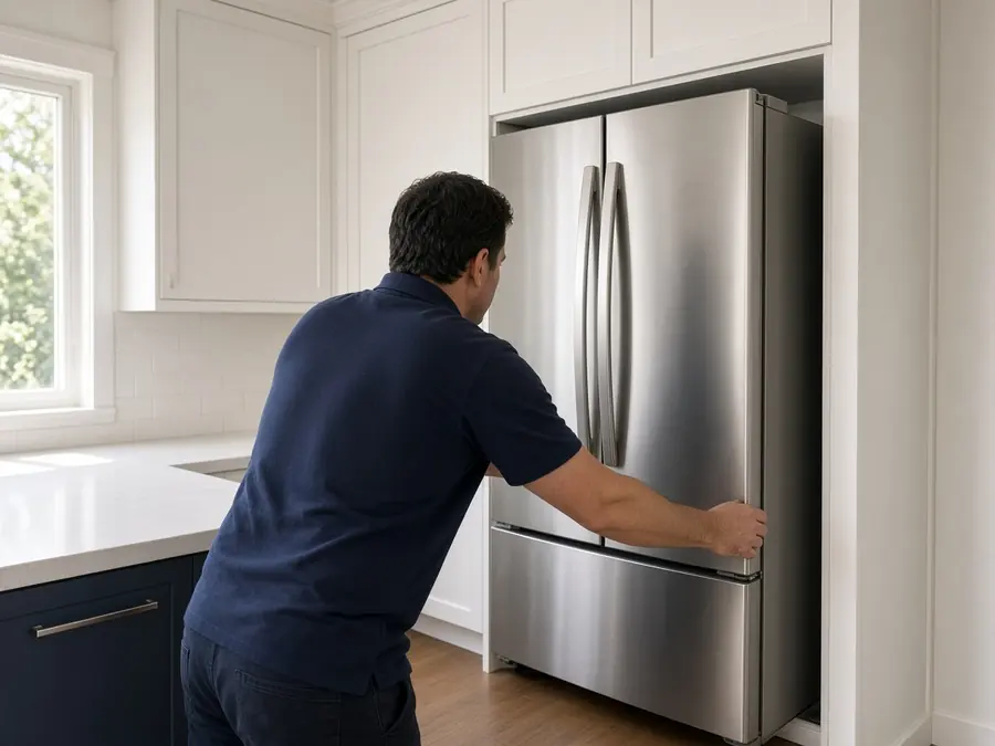 Technician sliding a refrigerator into a kitchen opening during installation